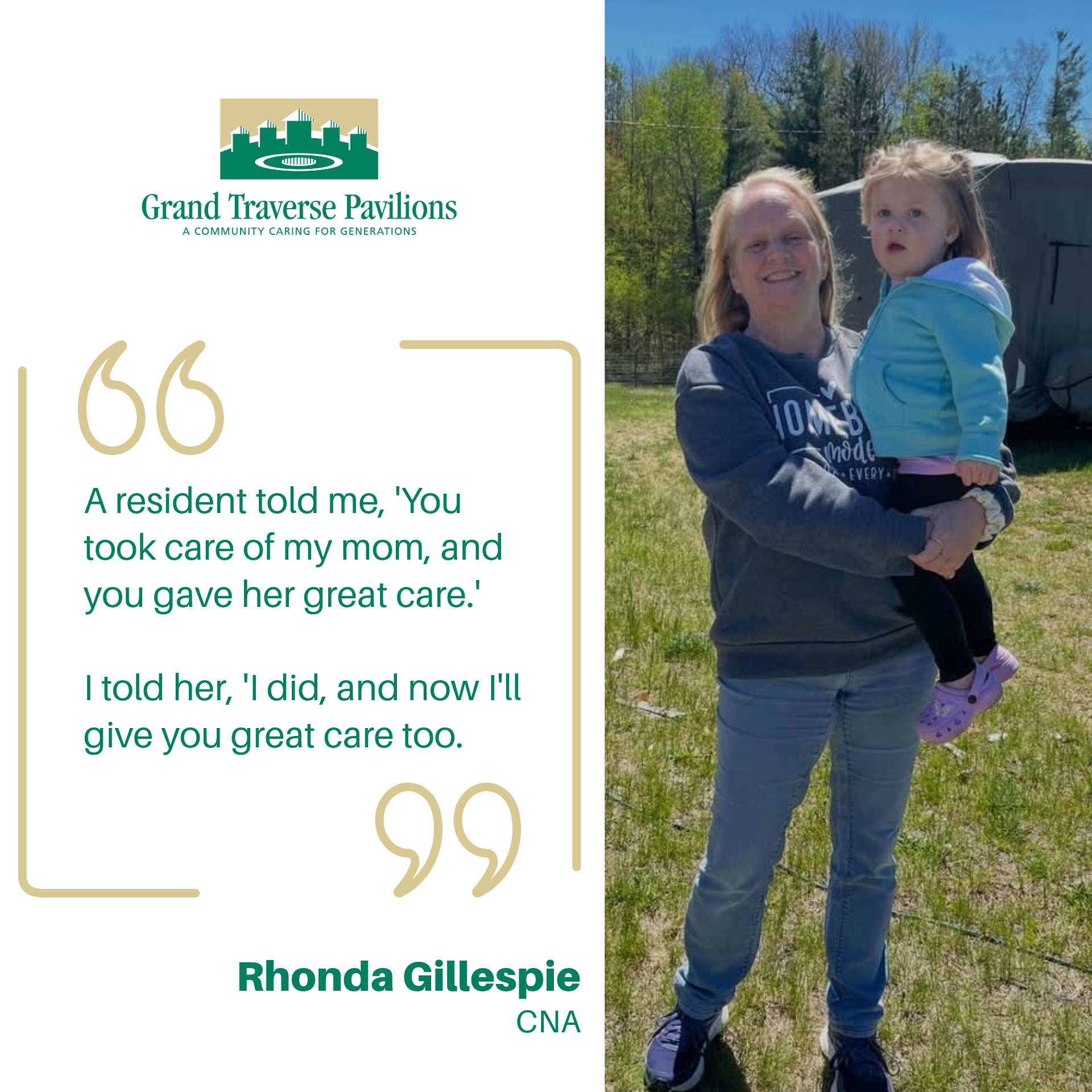 Rhonda Gillespie and her granddaughter standing outside in front of their camper.  They are both smiling and looking at the camera